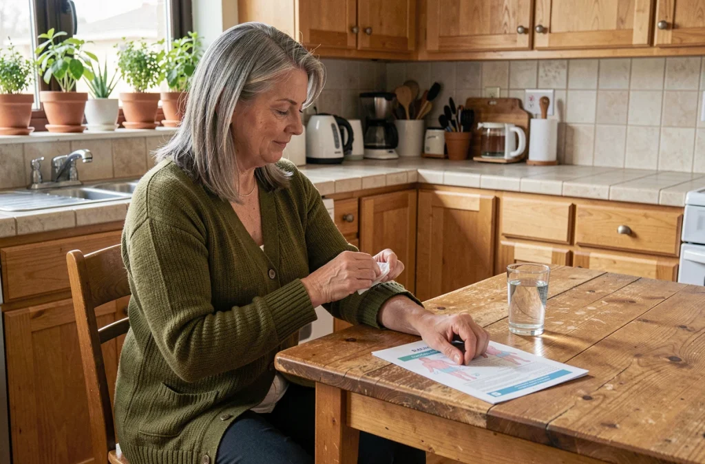 Femme se remettant d'une perfusion de fer à domicile, compresse sur le bras, feuille d'informations médicales sur la table de cuisine