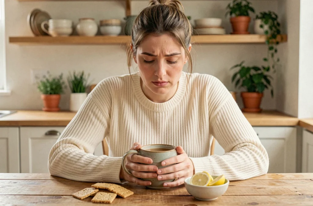 Femme enceinte à la cuisine tenant une tasse de tisane au gingembre avec des crackers et du citron pour soulager les nausées matinales