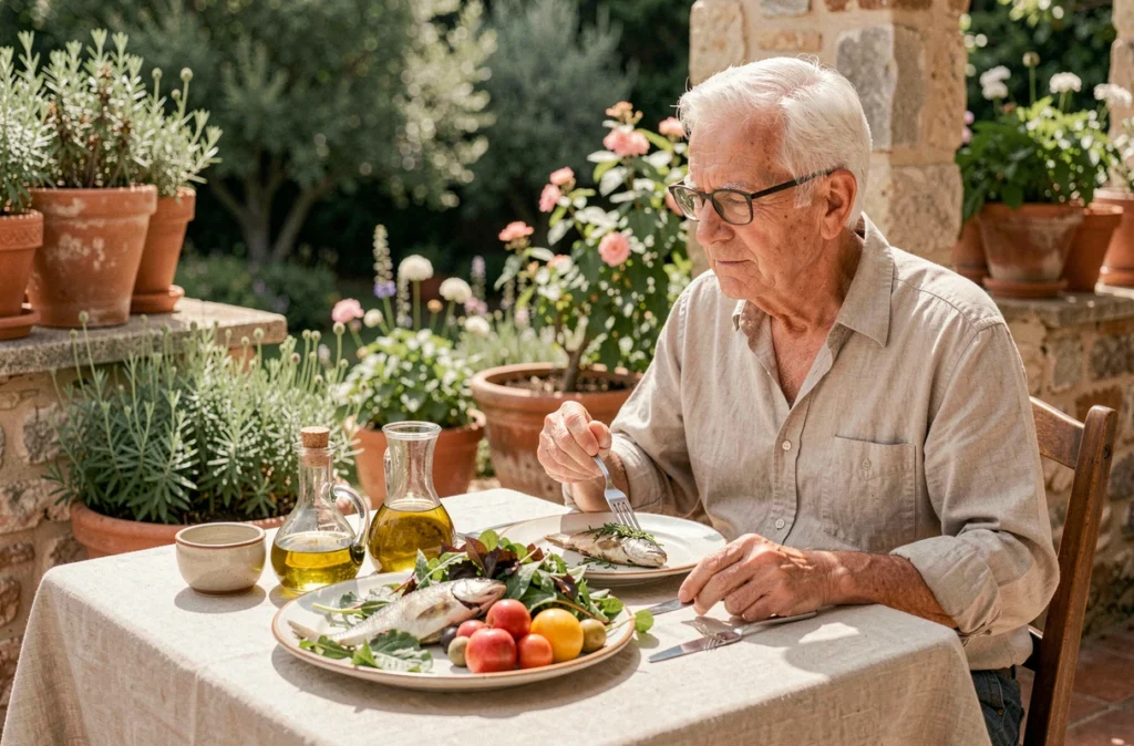 Homme de 72 ans savourant un repas méditerranéen sain en terrasse, nutrition équilibrée pour seniors après 70 ans