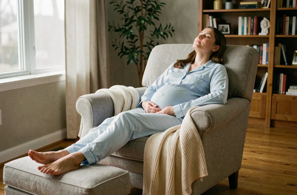 Femme enceinte se reposant dans un fauteuil confortable avec une couverture en tricot, représentant le besoin de repos et de siestes durant la grossesse
