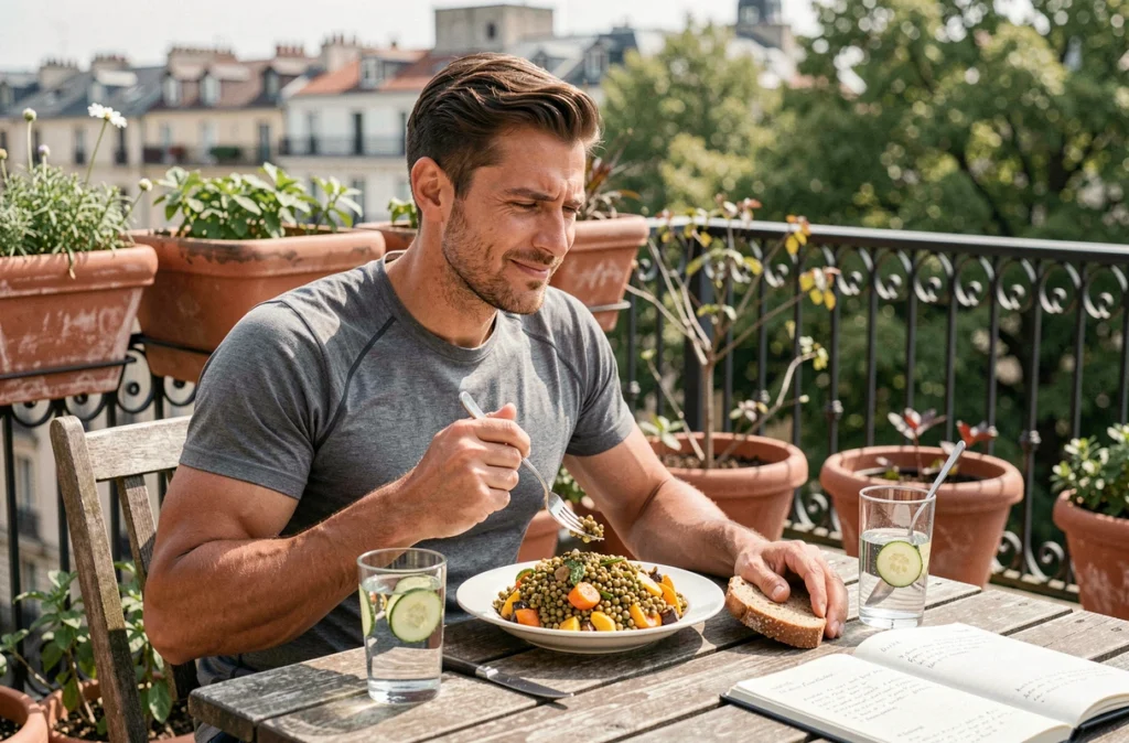 Homme mangeant une salade de lentilles riche en protéines végétales sur une terrasse urbaine ensoleillée
