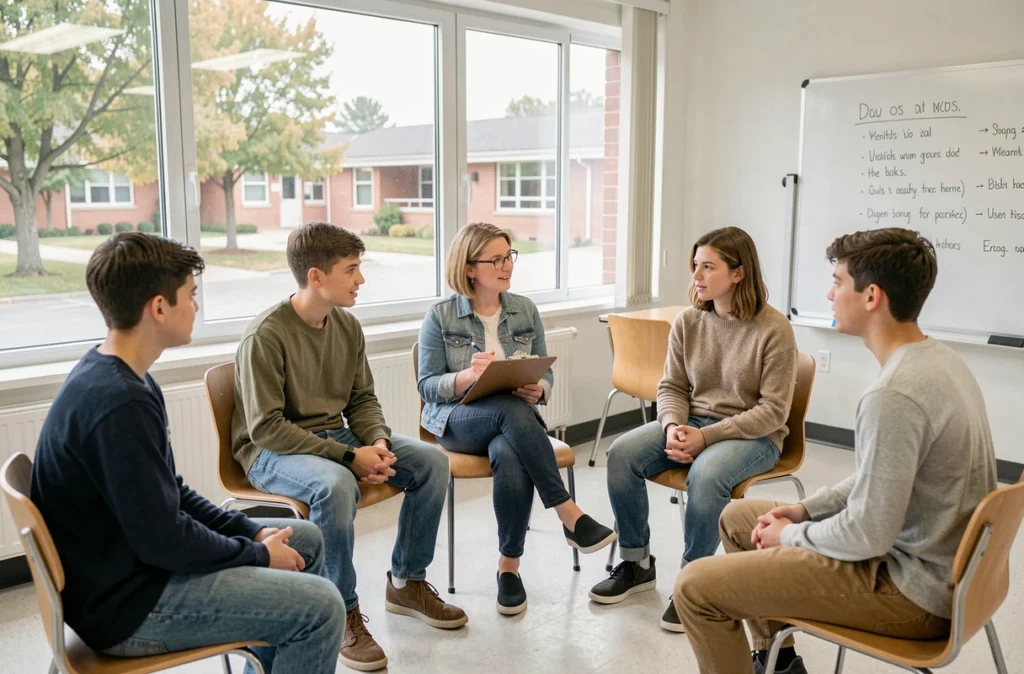 Séance de groupe animée par une psychologue avec des adolescents dans une salle scolaire
