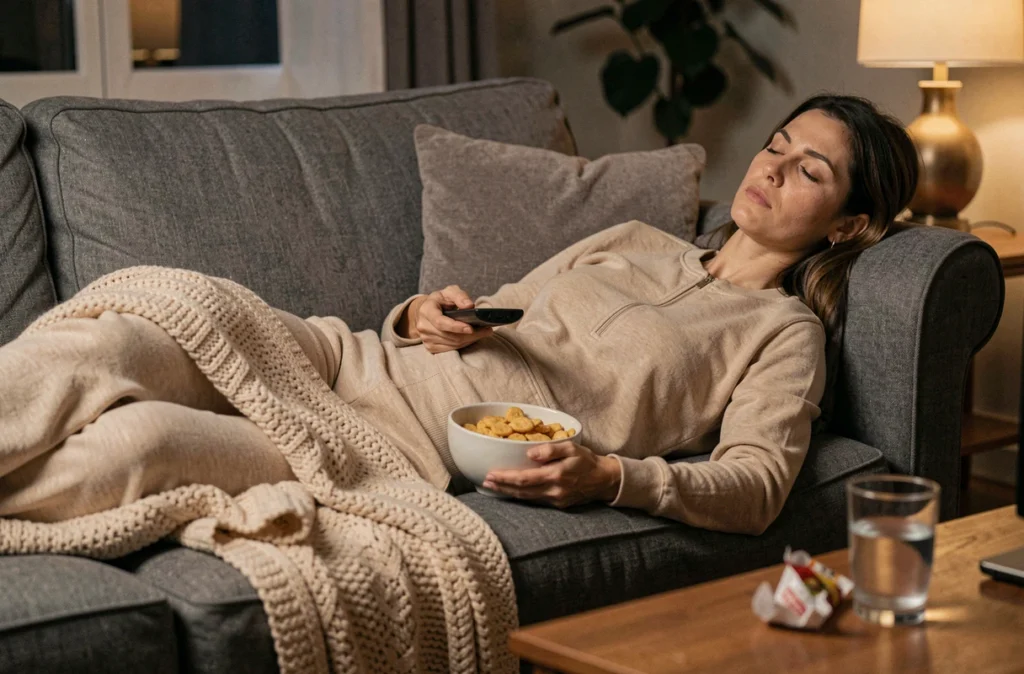 Femme épuisée allongée sur un canapé avec un bol de snacks vide, représentant la sédentarité et les comportements alimentaires émotionnels liés au stress chronique chez l'adulte