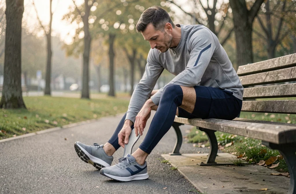 Coureur insérant une semelle pour aponévrosite plantaire dans sa chaussure de running sur un banc de parc