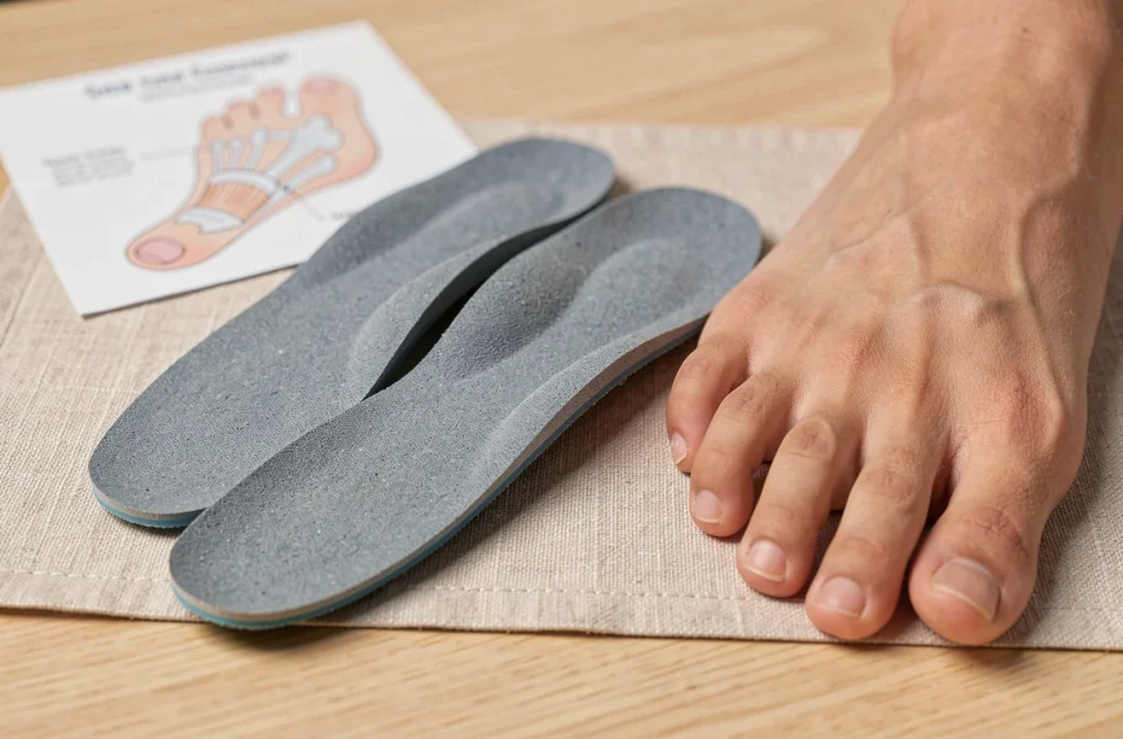 Gros plan sur deux semelles orthopédiques pour épine calcanéenne et aponévrosite posées à côté d'un pied nu sur un bureau de podologue