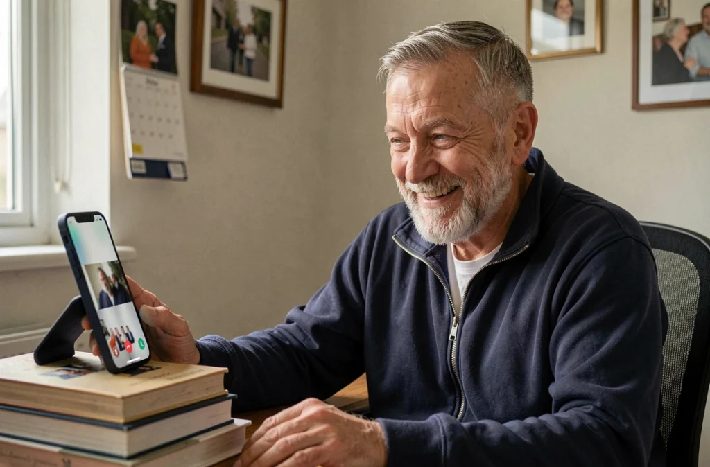 Un homme senior souriant lors d'un appel vidéo sur smartphone dans son bureau à domicile