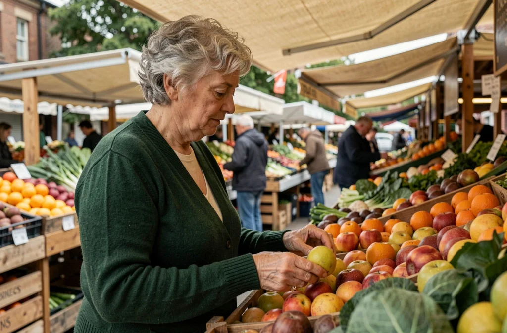 Femme senior de 71 ans choisissant des fruits et légumes frais au marché, alimentation équilibrée et vitalité après 70 ans