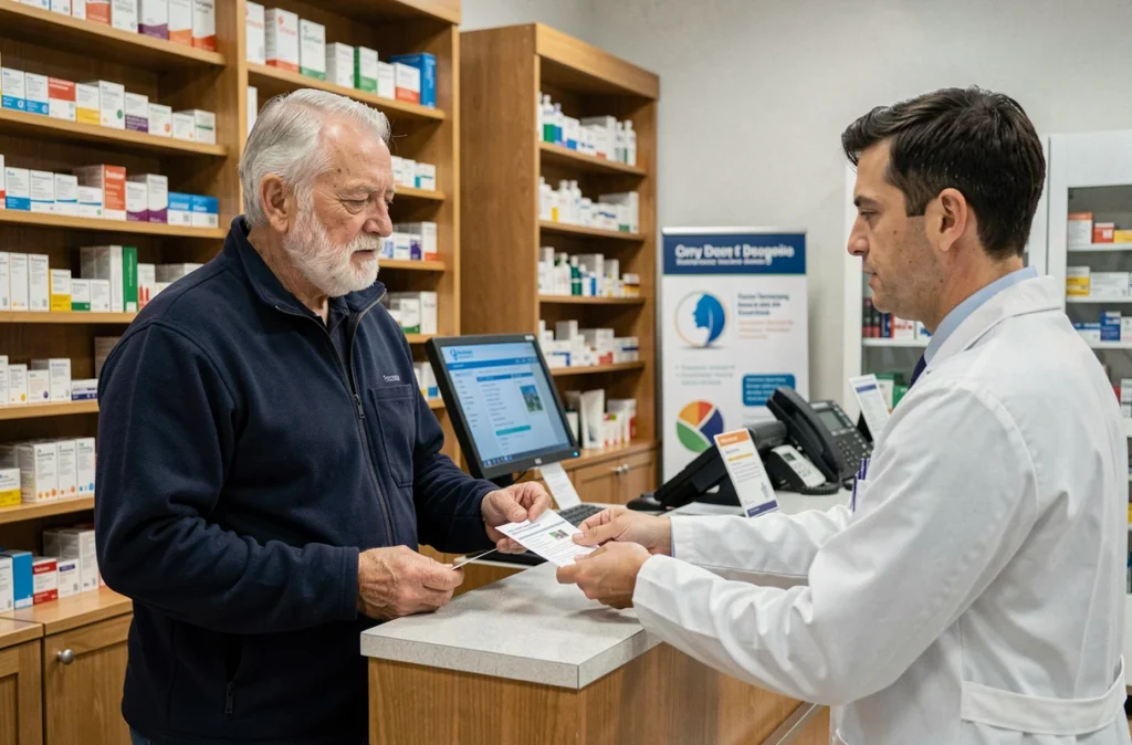 Un homme âgé de plus de 70 ans discute de la vaccination avec un pharmacien en blouse blanche