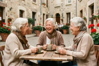 Trois femmes âgées réunies autour d'un café en terrasse, riant ensemble dans une place de village française, illustrant le lien social entre seniors