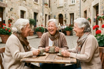 Trois femmes âgées réunies autour d'un café en terrasse, riant ensemble dans une place de village française, illustrant le lien social entre seniors