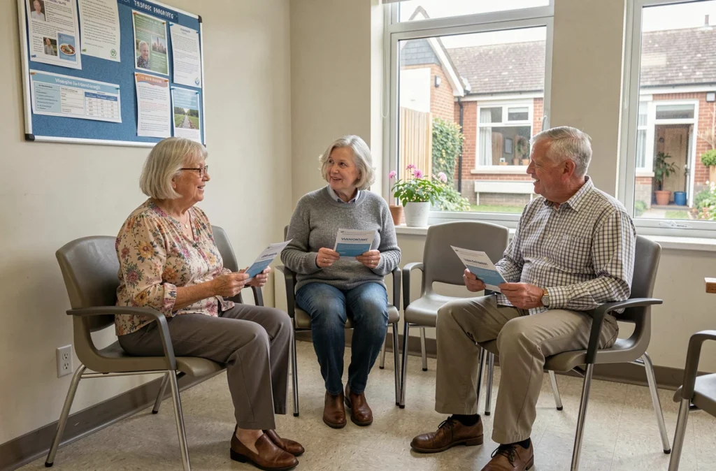 Trois personnes âgées patientent dans une salle d'attente médicale avec des brochures sur la vaccination des seniors