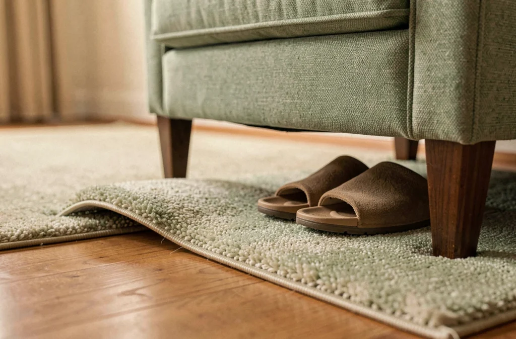 Détail d'un sol sécurisé dans le salon d'un senior avec tapis antidérapant et chaussons adaptés pour éviter les chutes
