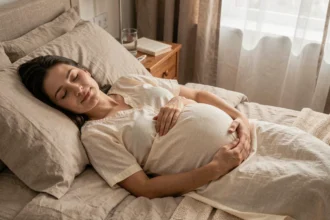 Femme enceinte endormie paisiblement sur le côté dans une chambre cosy, main posée sur le ventre, illustrant l'importance du sommeil pendant la grossesse