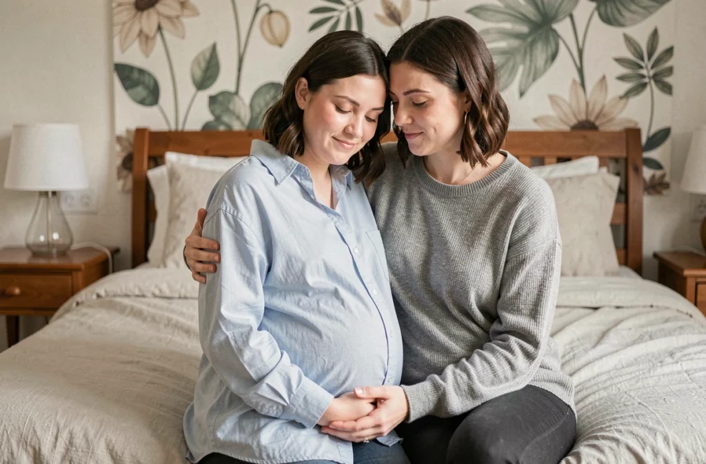 Femme enceinte réconfortée par sa partenaire dans une chambre paisible, illustrant le soutien émotionnel durant la grossesse
