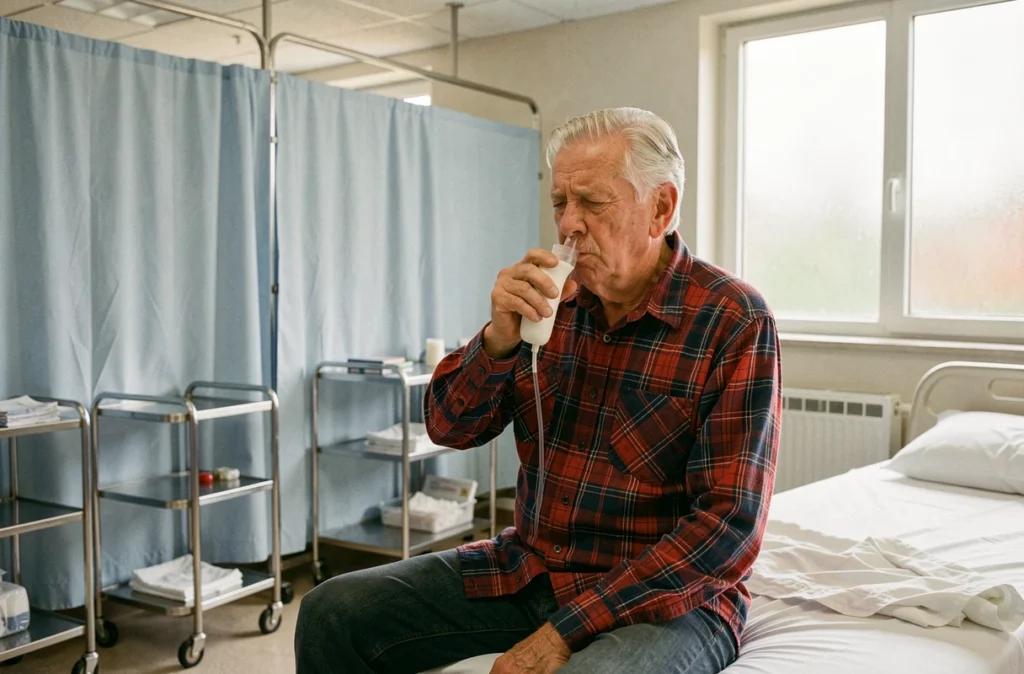 Senior effectuant un test de spirométrie en milieu hospitalier pour pathologie respiratoire chronique