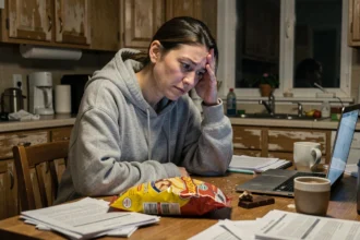 Femme adulte stressée grignotant tard le soir devant son ordinateur dans une cuisine encombrée, illustrant le lien entre stress chronique et prise de poids