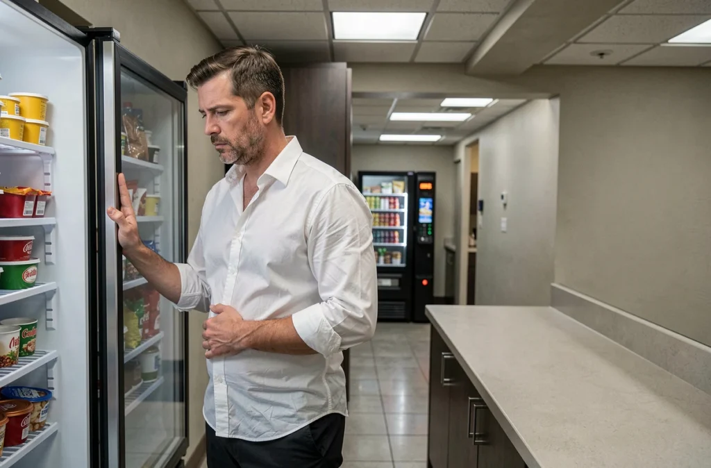 Homme stressé au travail debout devant un réfrigérateur dans une salle de pause de bureau, symbolisant la compulsion alimentaire liée au stress professionnel et la prise de poids