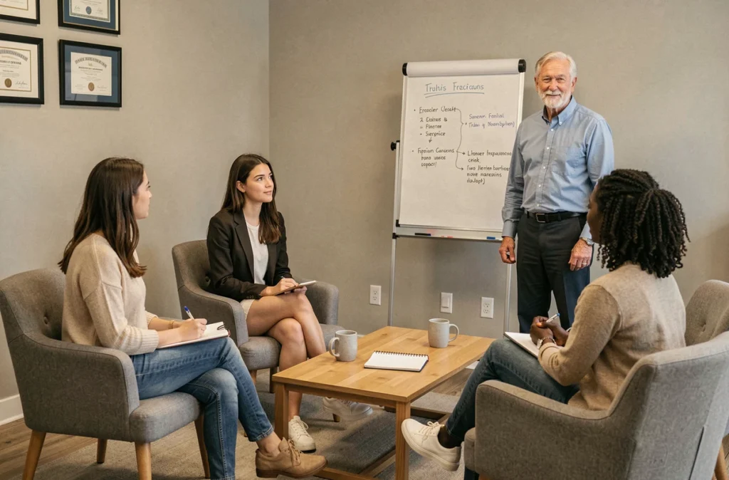 Séance de supervision clinique de groupe avec de jeunes thérapeutes et un superviseur expérimenté dans une clinique de formation professionnelle