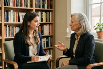 Jeune thérapeute en séance de supervision clinique avec une superviseure expérimentée dans un cabinet de consultation chaleureux