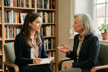 Jeune thérapeute en séance de supervision clinique avec une superviseure expérimentée dans un cabinet de consultation chaleureux