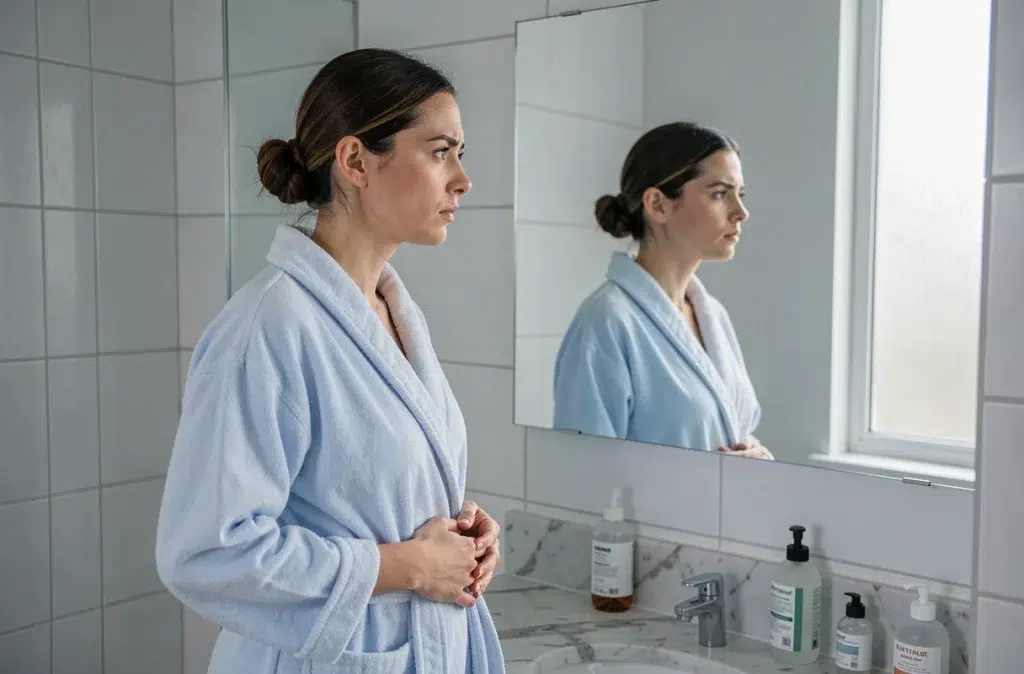 Femme en robe de chambre dans une salle de bain regardant son reflet, évoquant les symptômes gynécologiques à surveiller