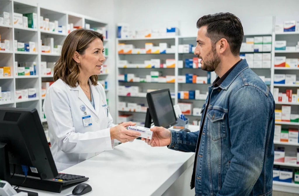 Pharmacienne remettant un traitement médicamenteux à un patient adulte dans une pharmacie moderne