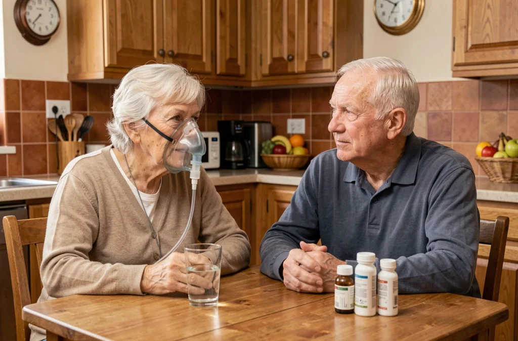 Couple de seniors à domicile gérant un traitement par nébuliseur contre une infection respiratoire chronique