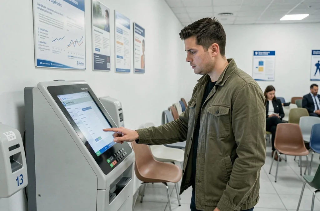 Usager utilisant une borne interactive dans une agence CPAM du département 92 pour effectuer ses démarches d'assurance maladie