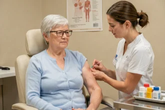 Une femme de plus de 65 ans reçoit un vaccin des mains d'une infirmière dans un cabinet médical moderne