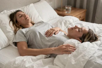 Femme allongée sur le dos, main posée sur le ventre, observant les mouvements abdominaux liés au rythme cardiaque en position couchée
