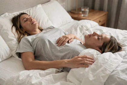 Femme allongée sur le dos, main posée sur le ventre, observant les mouvements abdominaux liés au rythme cardiaque en position couchée