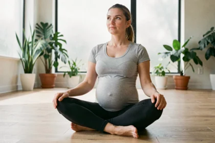Femme enceinte pratiquant le yoga prénatal en position assise dans un studio calme et lumineux