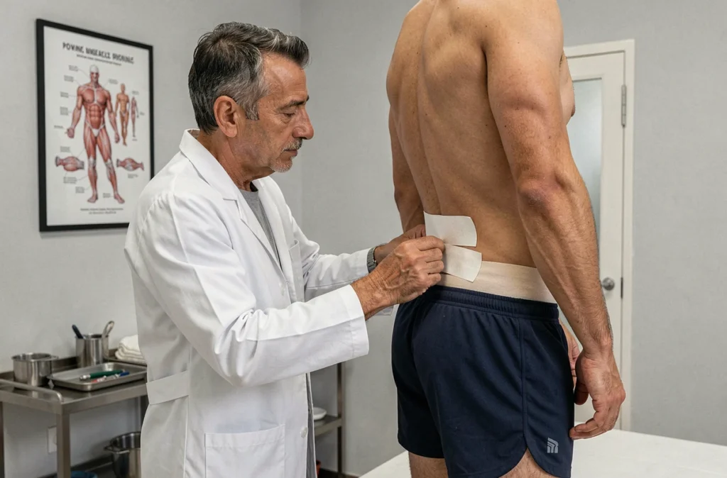 Kinésithérapeute Alfredo Del Giudice appliquant un taping thérapeutique sur le dos d'un patient à Marseille