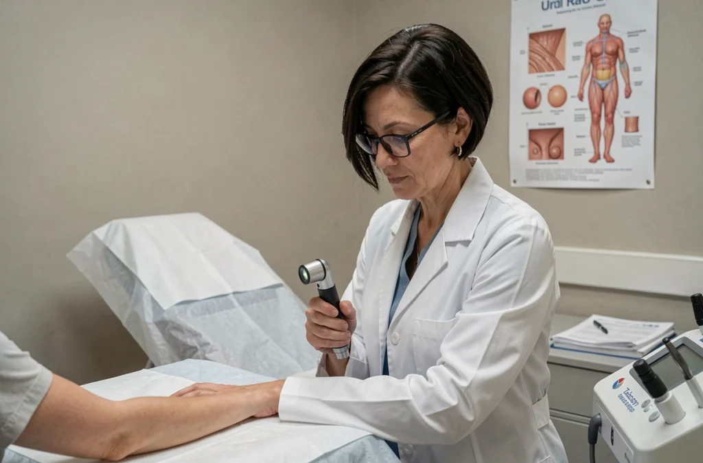 Dermatologue femme examinant un avant-bras de patient avec un dermatoscope dans les Pyrénées-Atlantiques