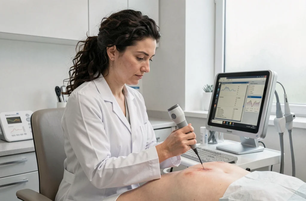 Dermatologue Cristina Alexandroiu utilisant un dermatoscope numérique lors d'un examen cutané