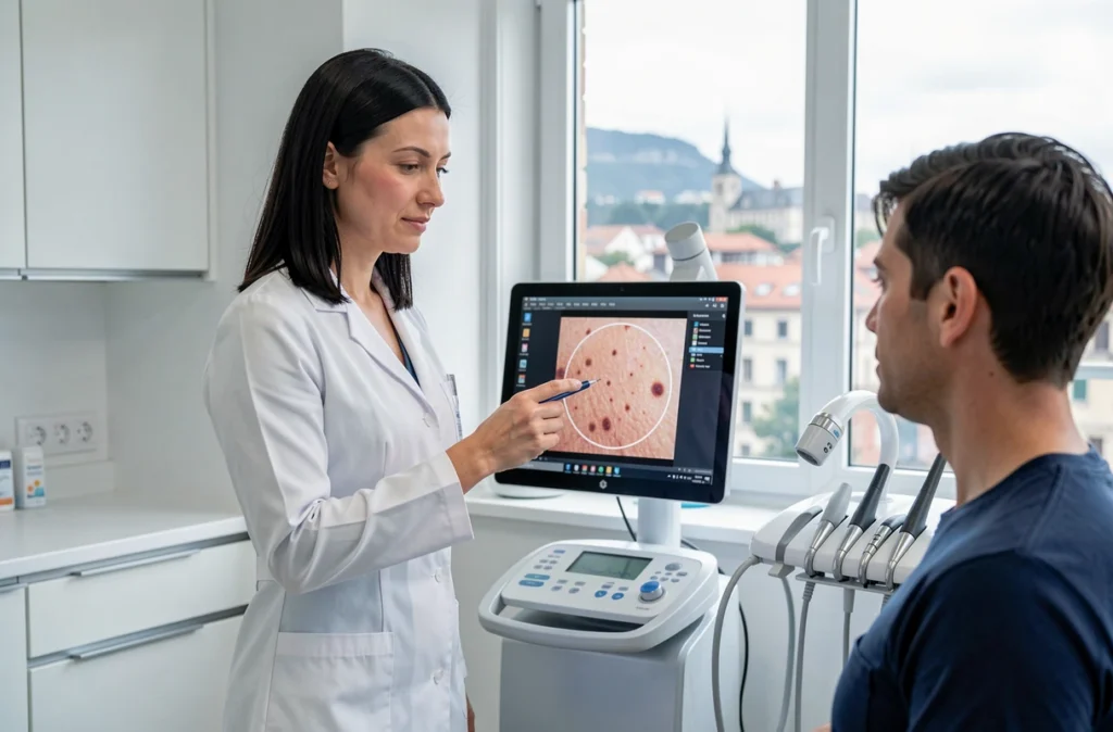 Dermatologue Ekaterina Alimova présentant une image de dermatoscopie à une patiente à Bayonne