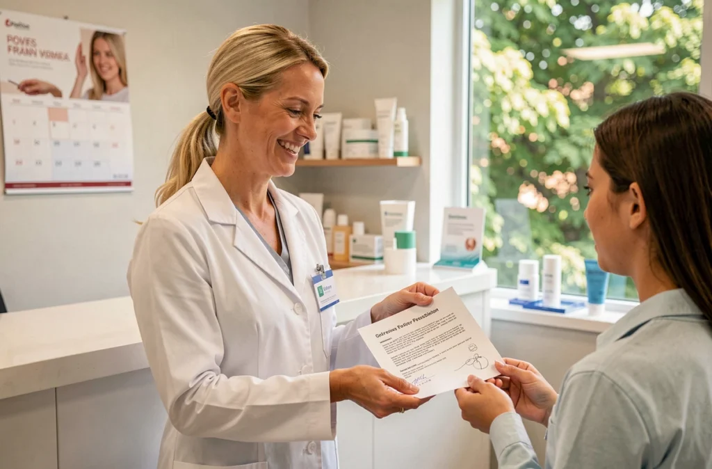 Dermatologue Elodie Devers Gable remettant une ordonnance à une patiente dans son cabinet