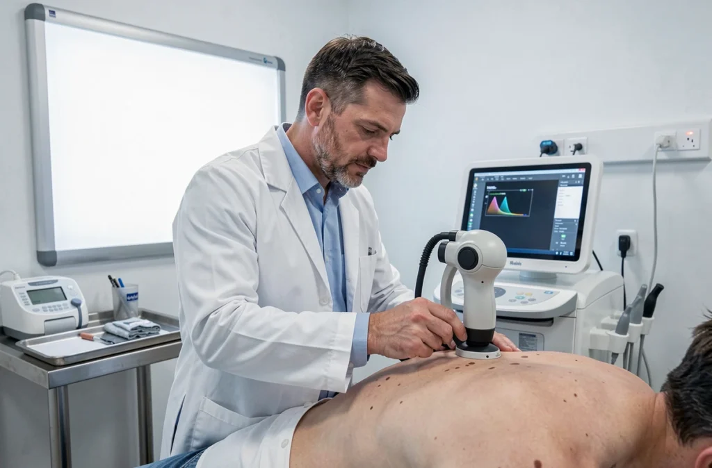 Dermatologue Franck Susini réalisant une cartographie des grains de beauté sur un patient dans son cabinet