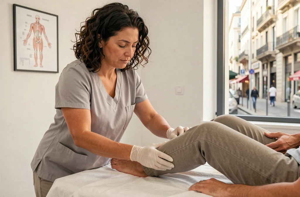 Kinésithérapeute Maria Hellou pratiquant un massage du genou sur un patient dans son cabinet à Marseille