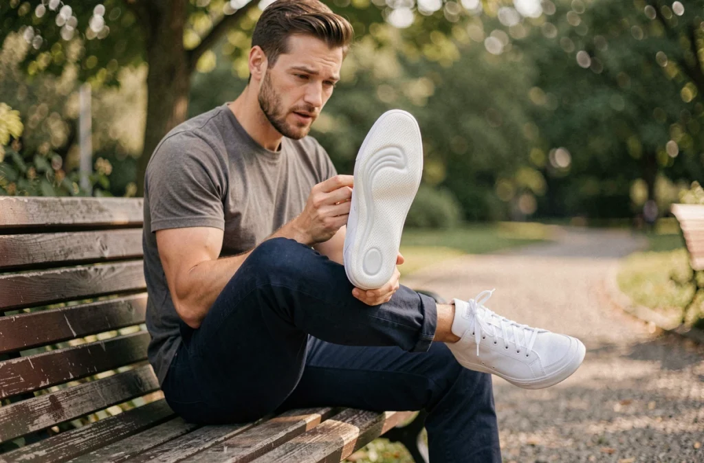 Homme en plein air examinant une semelle orthopédique retirée de sa chaussure de sport, assis sur un banc de parc
