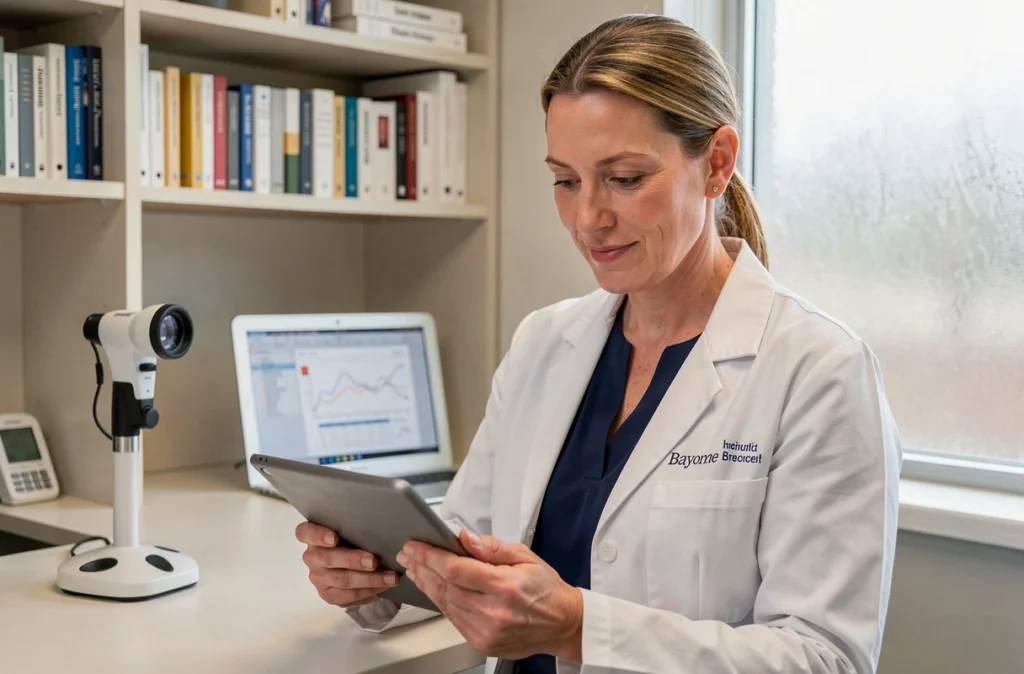 Dermatologue femme professionnelle consultant des résultats d'analyse cutanée dans son cabinet à Bayonne