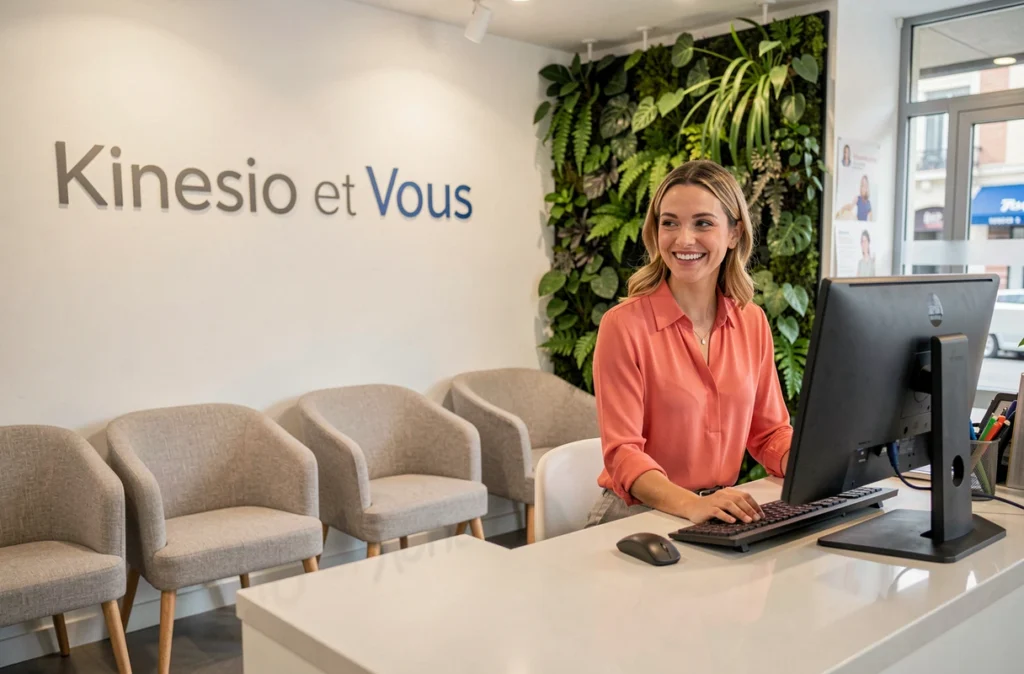Accueil chaleureux d'une patiente au cabinet Kinesio et Vous à Marseille avec réceptionniste professionnelle