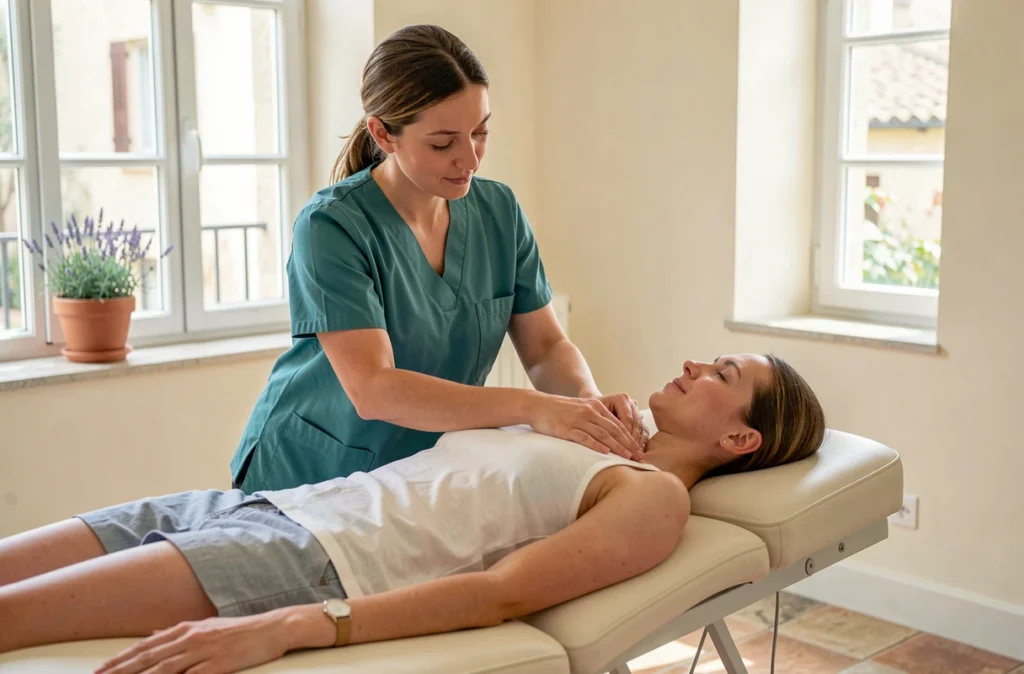 Kinésithérapeute réalisant une manipulation ostéopathique douce sur un patient dans le cabinet Osteo Kine à Aix-en-Provence