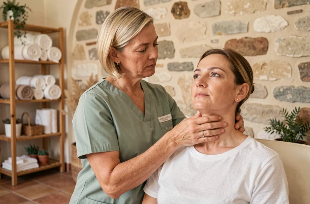 Kinésithérapeute Sandrine Paravisini effectuant une mobilisation cervicale dans son cabinet des Bouches-du-Rhône