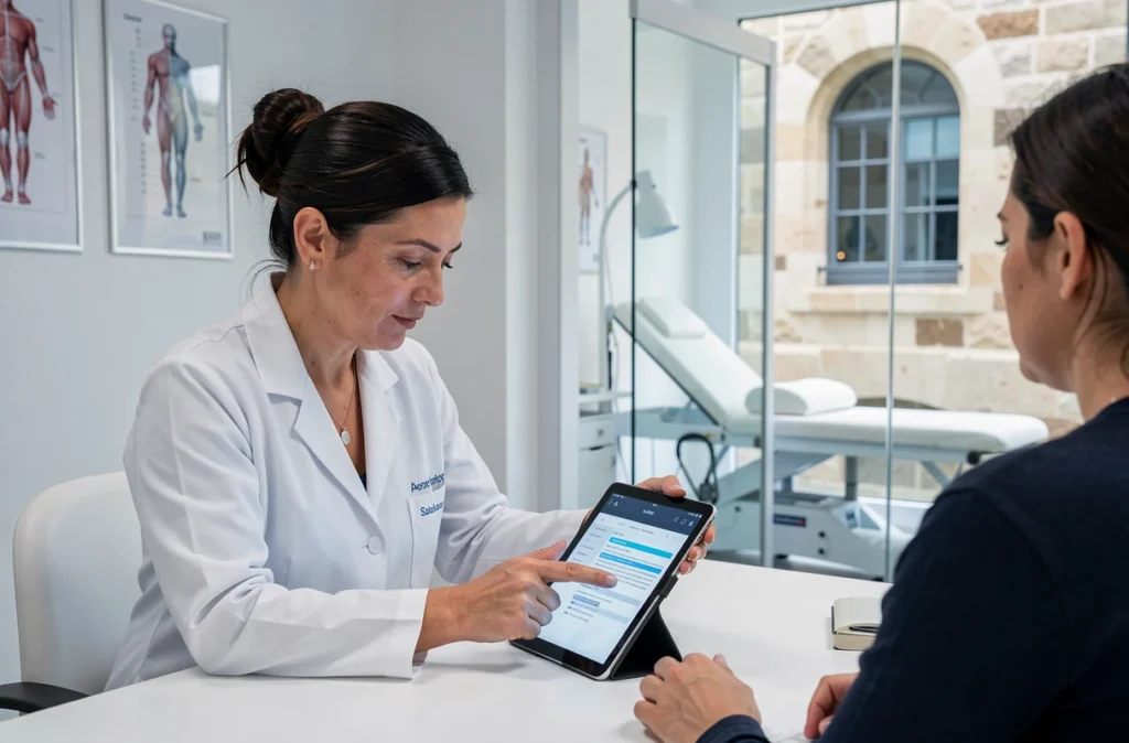 Kinésithérapeute Sabah Kabbouri consultant un plan de traitement sur tablette avec un patient dans son cabinet à Aix-en-Provence