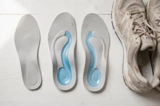 Semelles orthopédiques pour pieds plats posées à côté de chaussures de sport, vue de dessus sur fond blanc en bois
