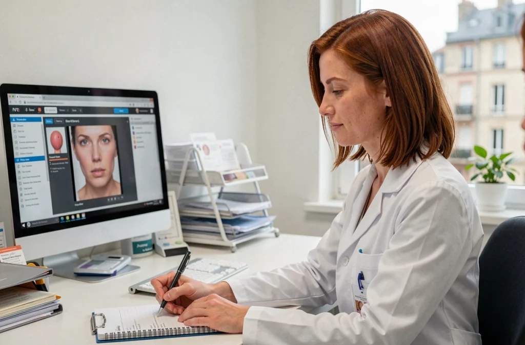 Dermatologue Sophie Brassat prenant des notes lors d'une consultation dans son cabinet