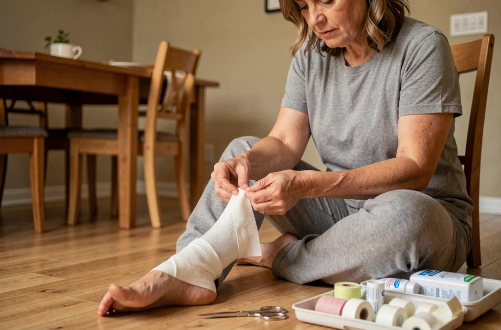 Femme appliquant un bandage compressif sur son orteil à domicile avec une trousse de premiers secours ouverte sur la table
