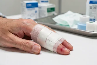 Doigt avec un ongle abîmé soigneusement pansé avec une compresse stérile et du sparadrap médical sur une table d'examen clinique
